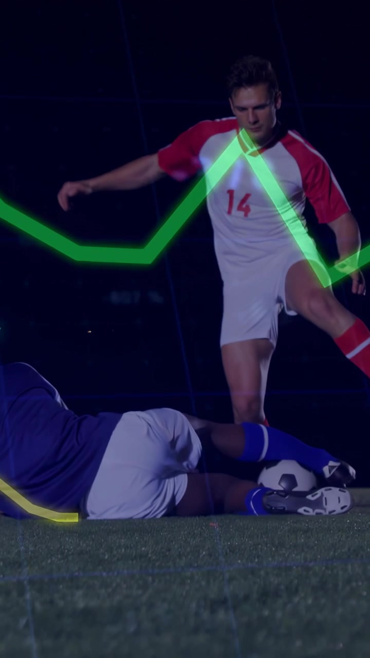Readouts projecting turf driving player14 dribbling for ball while rival sliding analytics tracking