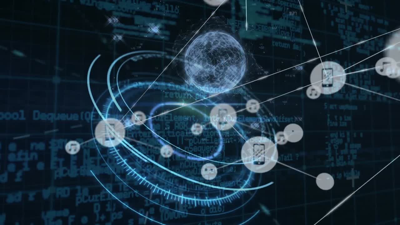 검은색 배경 위에 데이터 처리 및 연결 네트워크와 함께 지구의 애니메이션