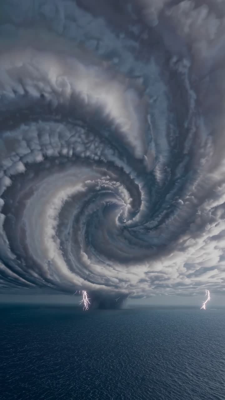 Dramatisk luftvideokoncept af hvirvlende stormskyer over havet, der fanger et fascinerende