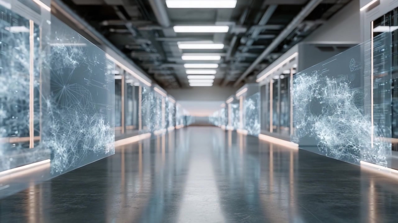 Data center futuristico con display trasparenti che mostrano connessioni di rete e il flusso di informazioni digitali in un ambiente tecnologico moderno.