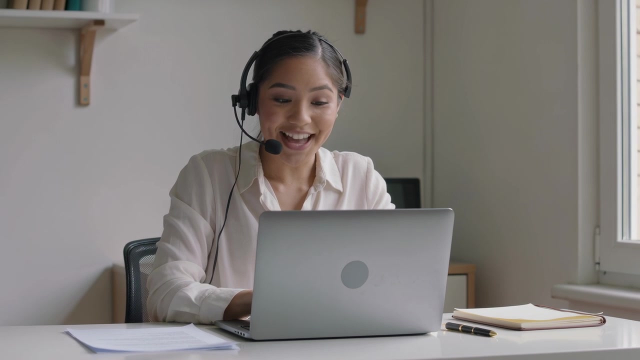 Donna che riceve una chiamata, in camicetta bianca e cuffie, che aiuta un cliente digitando su un laptop in un ufficio domestico.