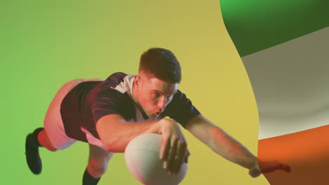 animation of flag of italy over caucasian male rugby player jumping with ball