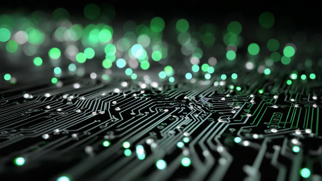 A Close-Up View of a Circuit Board with Green Lights Displayed on a Black Background, Showcasing Intricate Patterns and Depth in Technology Design