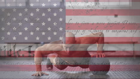 animation of flag of united states of america over male soldier doing press ups with ball