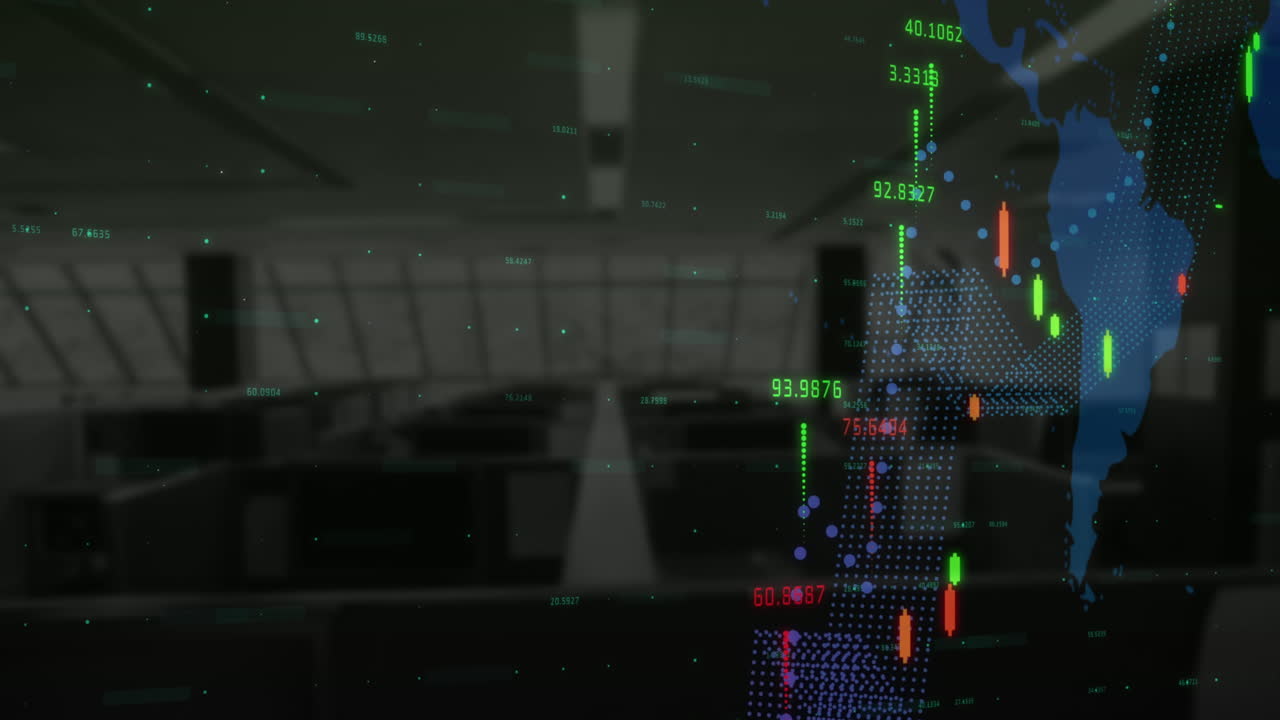 Elaborazione di dati finanziari su mappa del mondo sullo sfondo di un ufficio vuoto