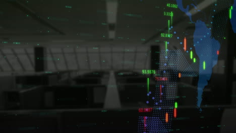 financial data processing over world map against empty office in background