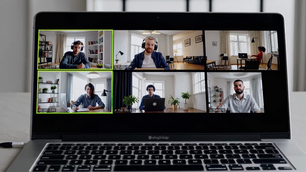 A laptop screen shows a video conference with six participants