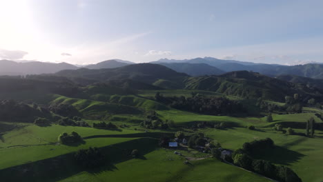 aerial drone shot a farm nestled between lush green fields and rolling hills, new zealand