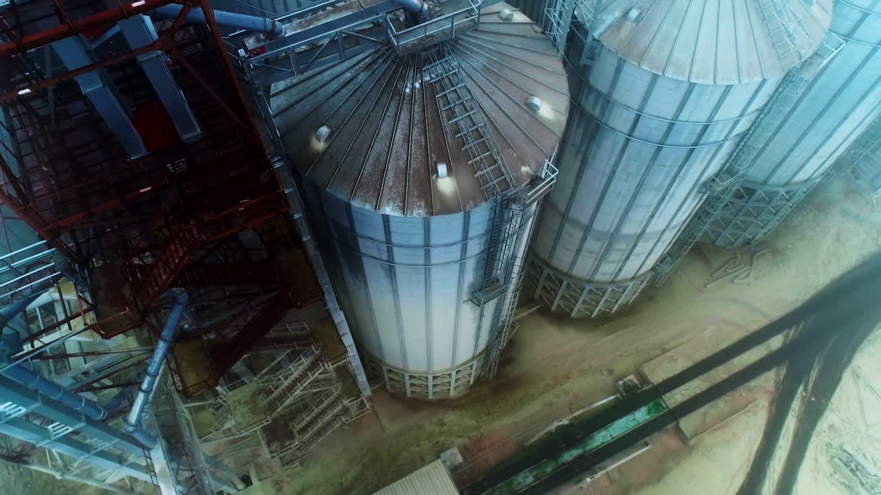 Aerial View of Grain Silos at a Processing Facility