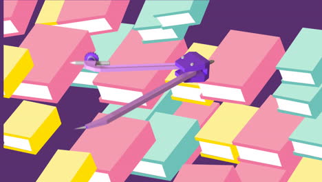 animación del dibujo de la brújula y los libros escolares sobre fondo púrpura