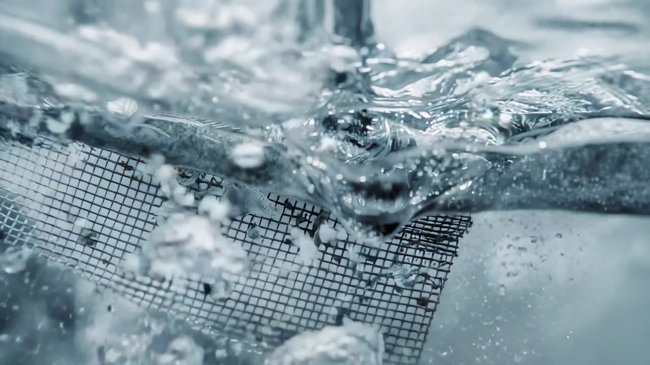 Entering vertical water jet colliding with mesh in clear tank, producing rising bubbles and foam