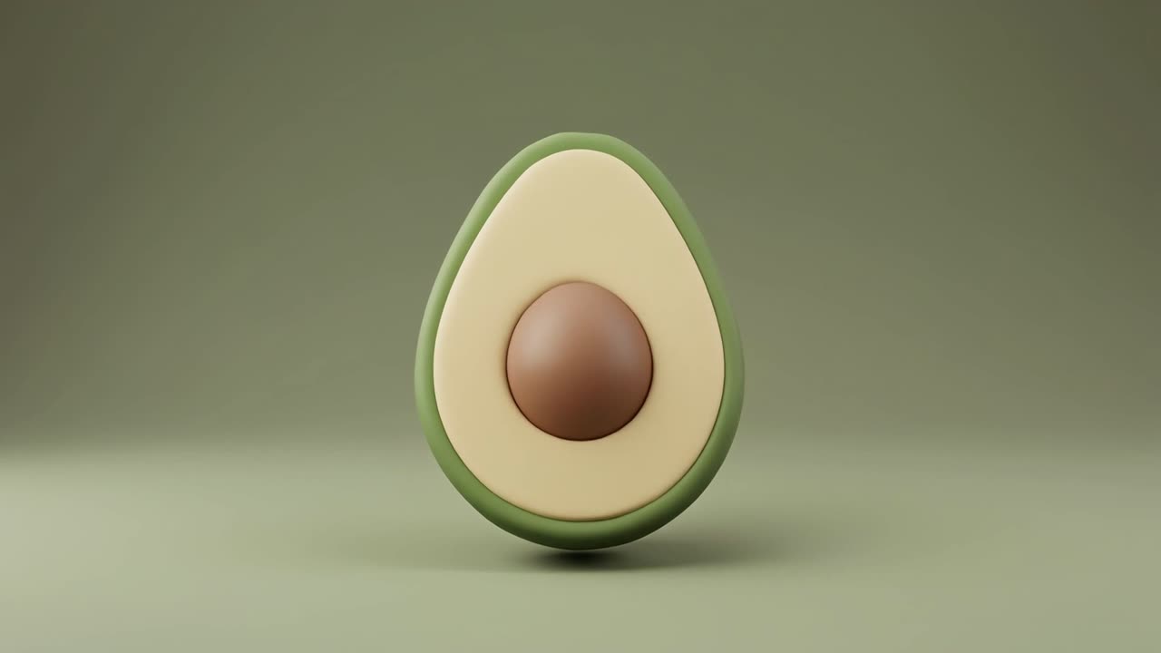 Render 3D stilizzato di un avocado tagliato con nocciolo