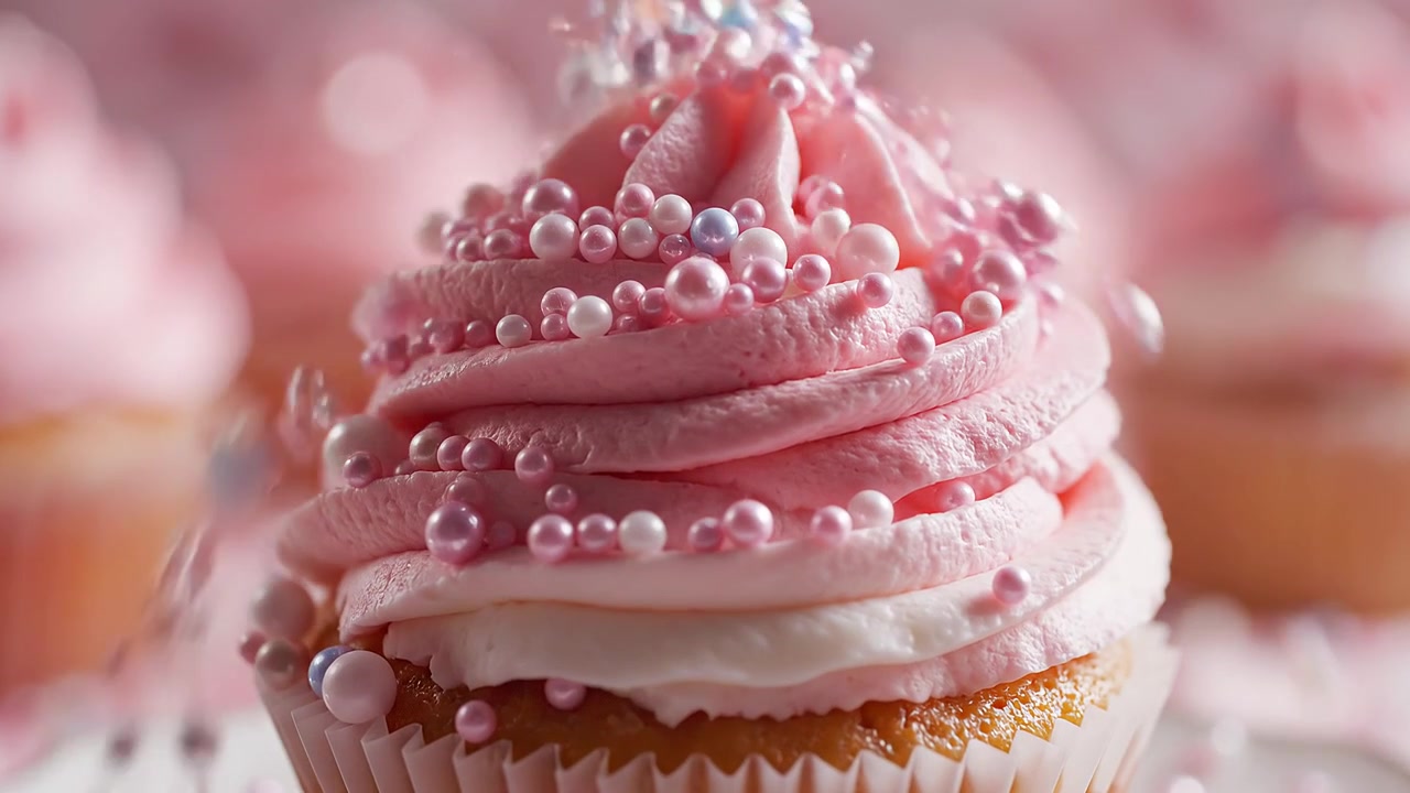 Cupcake rosa a spirale decorato con glitter e perle commestibili