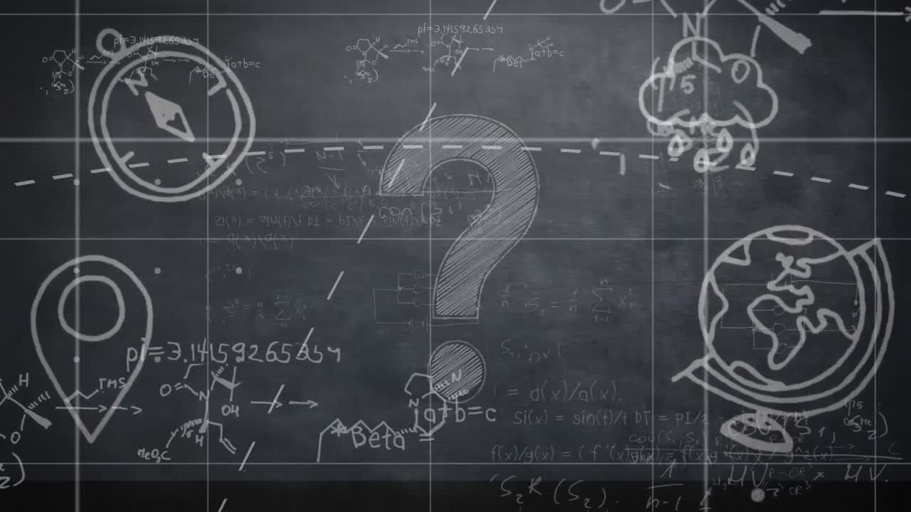 Animation of school icons and mathematical data processing over black background