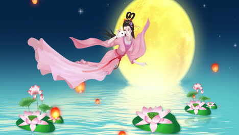 water town festive mid autumn festival animation background with traditional oriental red lanterns, lotus flowers, mooncakes on full moon sky