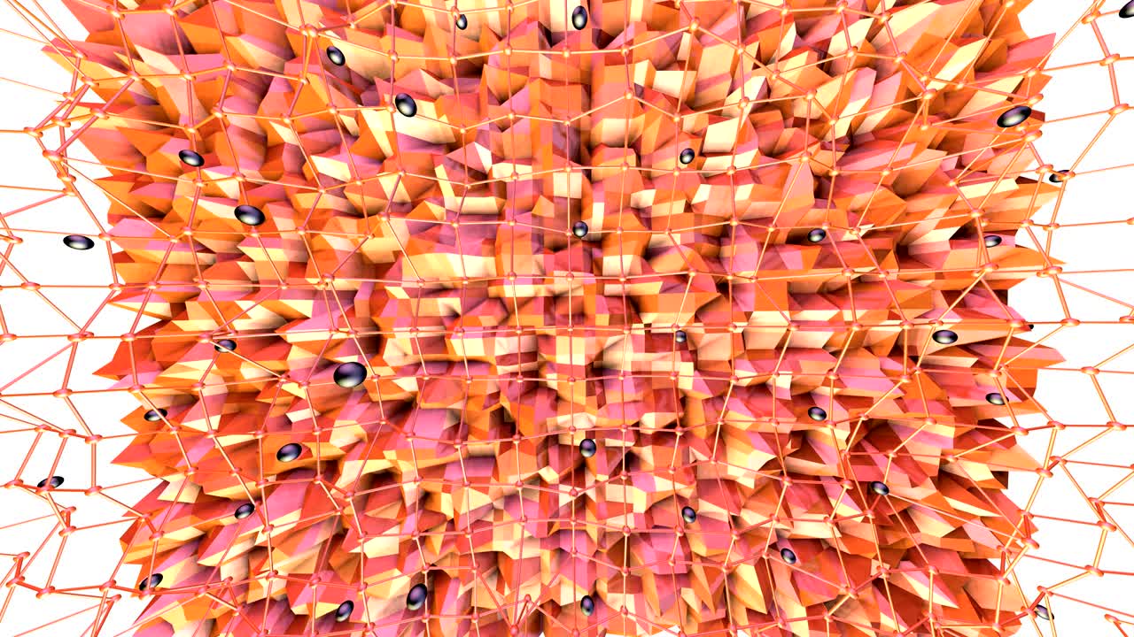 플라잉 그리드 (flying grid) 또는 메쉬 (mesh) 와 블랙 스페어 (black spheres) 를 기술 배경으로 한 낮은 폴리 3d 표면, 순수한 분홍색, 오렌지색, 빨간색 다각형의 부드러운 기하학적 낮은폴리 배경.