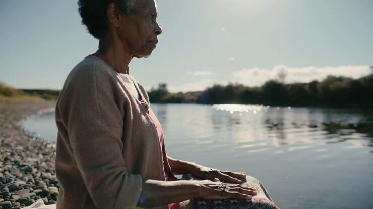 Reaching senior woman unfolding woven blanket on shore near thermos, mug, preparing to watch water