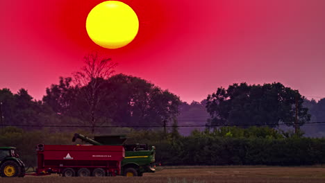 timelapse shot of combine harvester harvesting along ripe wheat field with sun setting in the background during evening time