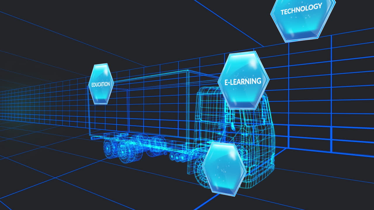 3d 트럭 모델 위의 비즈니스 컨셉 텍스트 배너의 애니메이션이 터널에서 원활한 패턴으로 움직입니다.