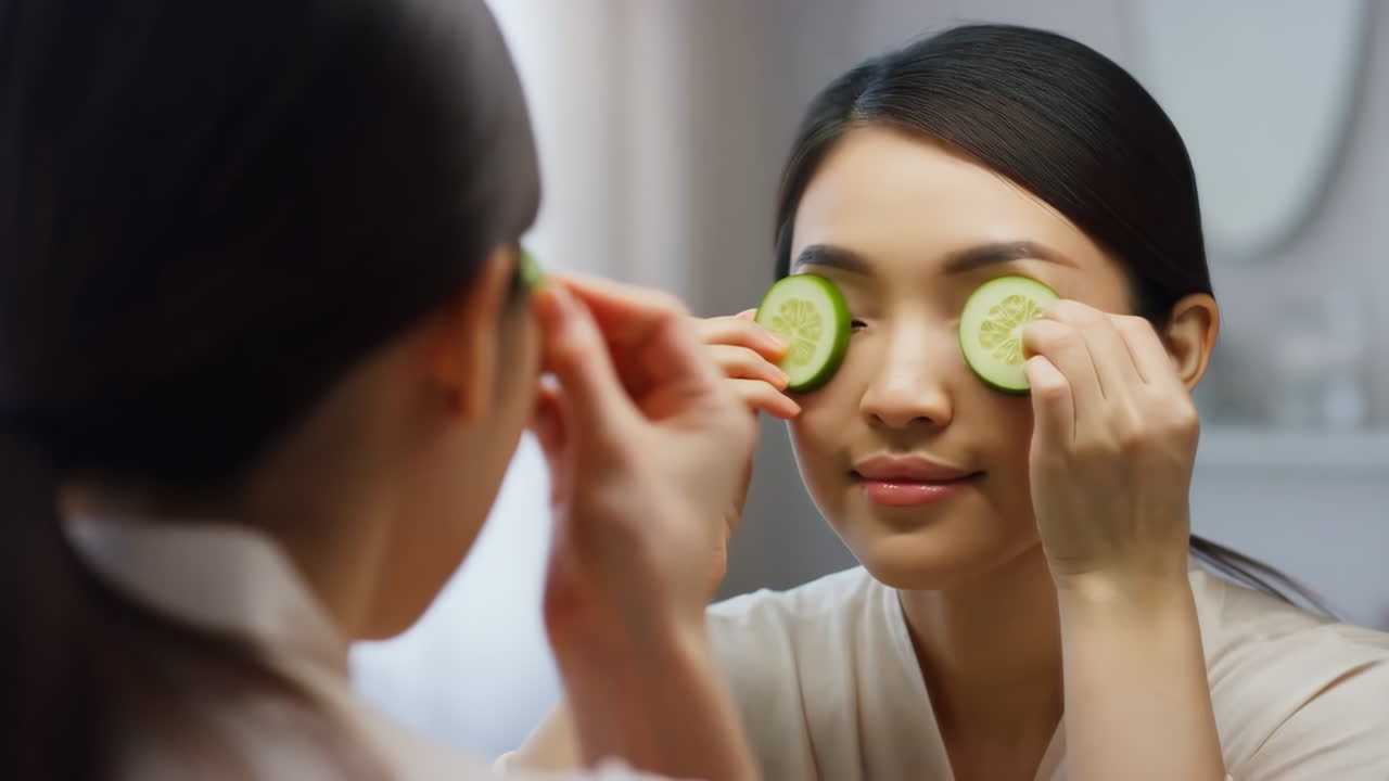 Woman applying cucumber slices to her eyes for a refreshing facial