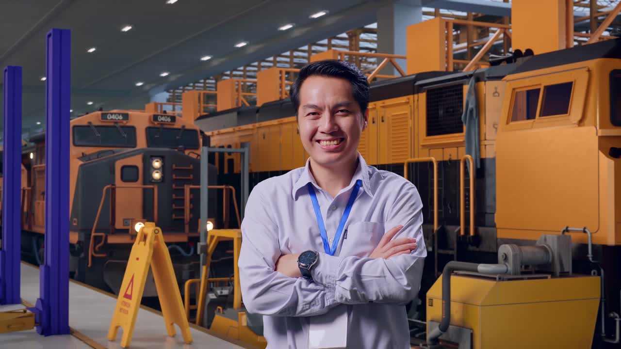 Potret Seorang Pekerja Profesional Pria Asia yang Berdiri, Teknisi Perawatan Kereta di Depo, dengan Senyum Lebarnya ke Arah Kamera dan Melipat Tangannya di Dada