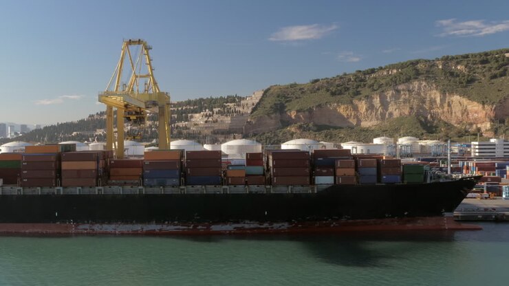 Timelapse of working crane in container port Spain