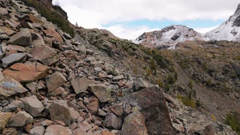 Aerial view of a rugged rocky mountainside in the Valmalenco Alps, Italy. Pedestal up