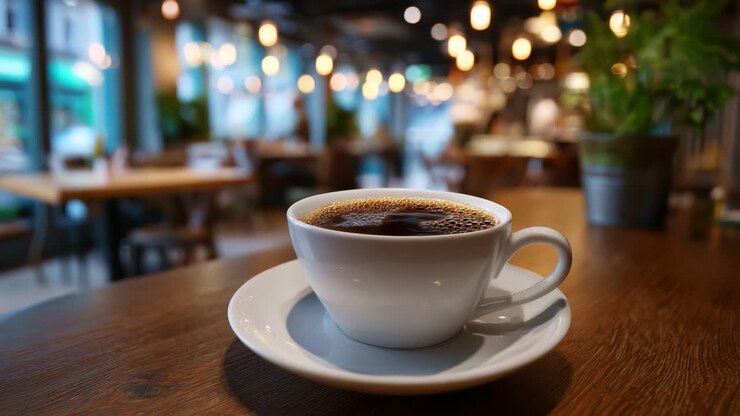 Una tazza di caffè calda su un tavolo accogliente in un luminoso e invitante spazio di una caffetteria con illuminazione ambientale e uno sfondo vivace, perfetto per il relax e il divertimento