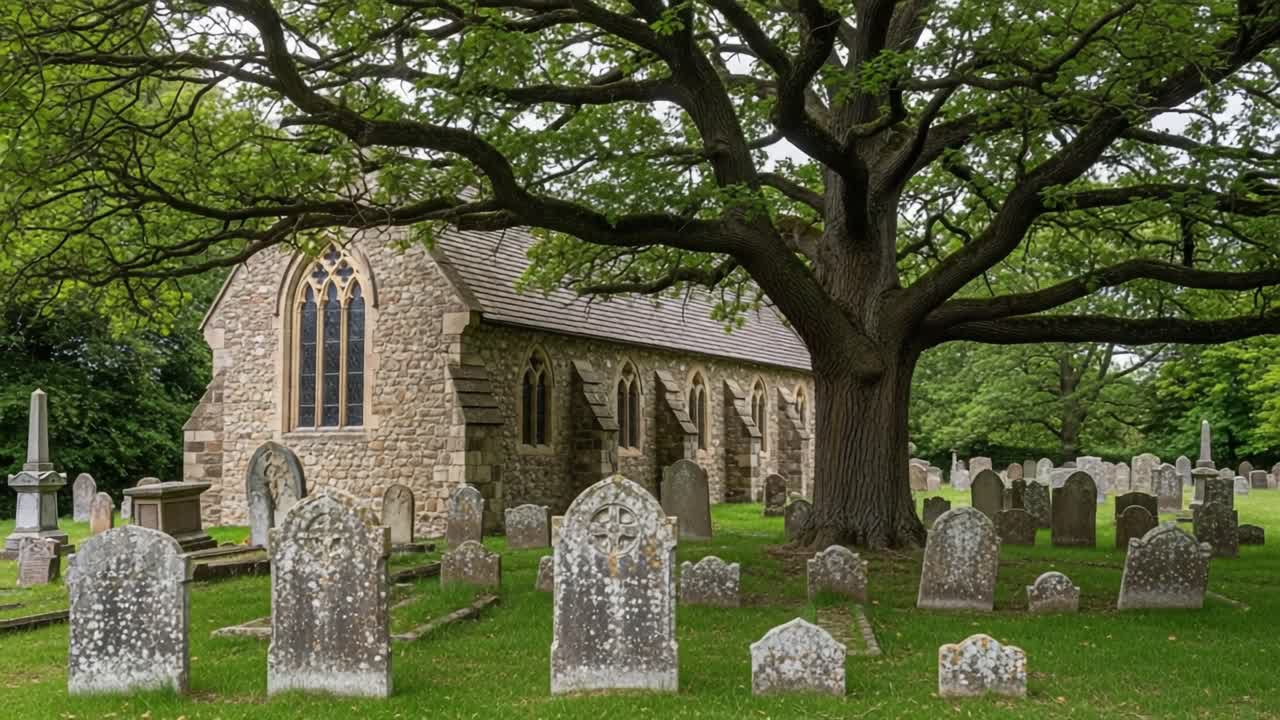 A Serene View of an Ancient Church Surrounded by a Peaceful Graveyard, Evoking a Sense of History and Tranquility Beneath a Majestic Tree Canopy