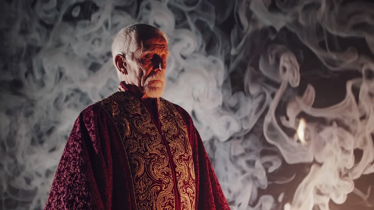 Elderly man in ornate robe stands amidst swirling smoke, embodying a mystical presence, as the scene unfolds with dramatic lighting and atmospheric depth