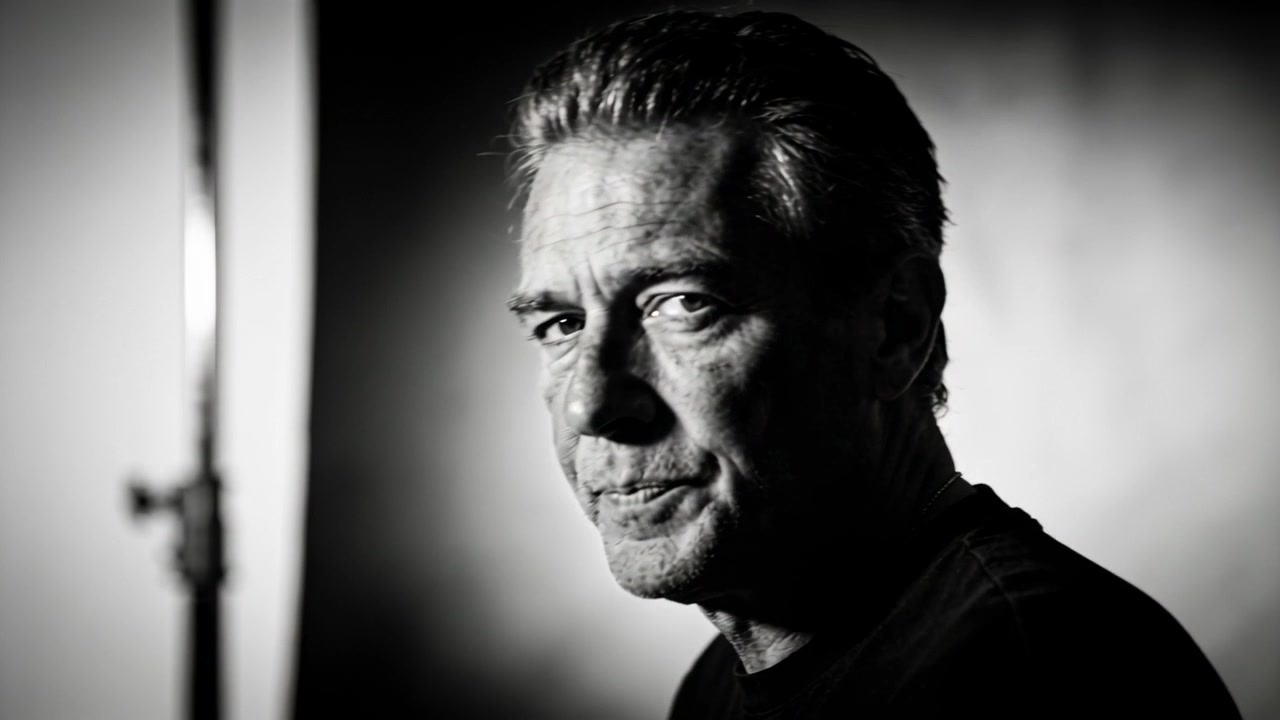 Uomo anziano con un top scuro, su indicazione dello studio, che sposta la testa e restituisce lo sguardo con uno stativo per luci.
