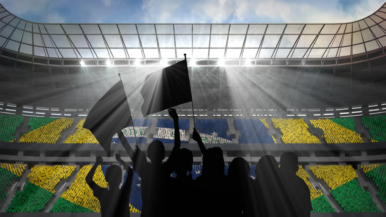 анимация силуэтов спортивных болельщиков, приветствующих бразильский флаг над спортивным стадионом