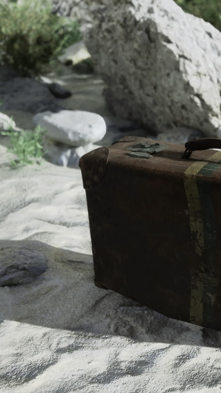 Alter Koffer ruht auf sandigem Boden nahe Felsen in natürlicher Umgebung.
