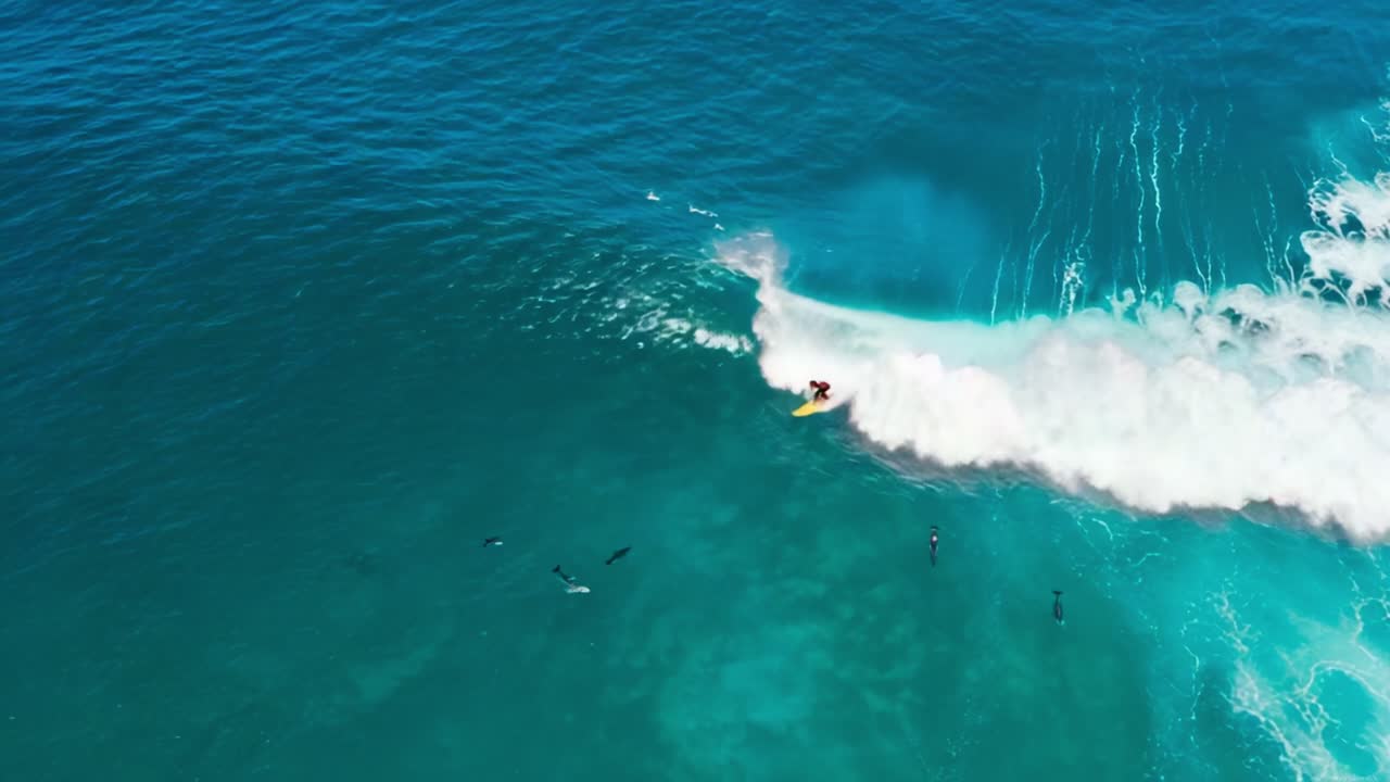 Aerial View of Surfers Riding Waves on a Sunny Day in the Ocean, Showcasing the Thrill and Beauty of Surfing Amidst Crystal Clear Blue Water