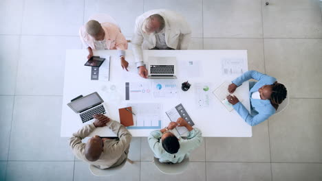 top view, business people or corporate meeting