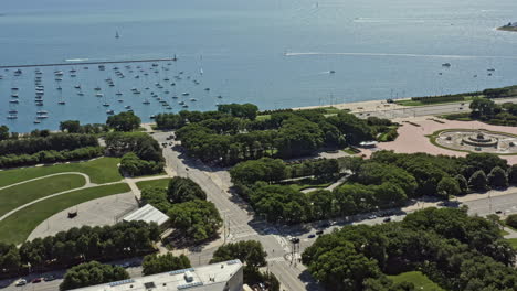 chicago, illinois, antena v65, vista de pájaro, drone, vuelo, alrededor, centro, urbano, concesión, parque, pan, inclinación, arriba, tiro, captura, museo, campus, con, infinito, horizonte, -, agosto, 2020