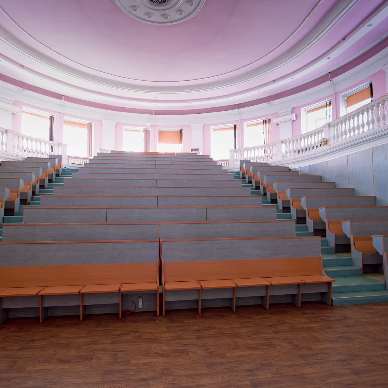 An empty lecture hall in a University. Interior of contemporary lecture theater in university campus