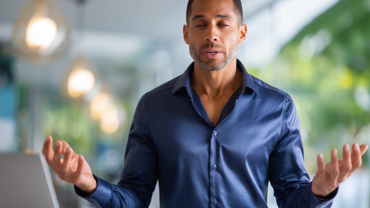 A man in a blue shirt gestures expressively while discussing a topic, captured during different moments in a workspace setting emphasizing engagement and communication.