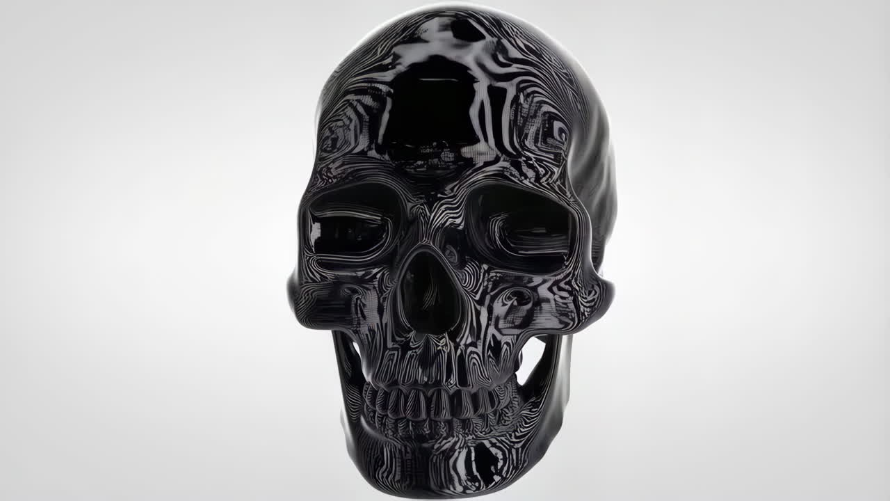 A black, glossy skull with an intricate swirling pattern on a white background