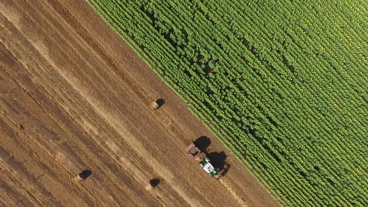 Trattore con imballatrice per paglia in un campo agricolo