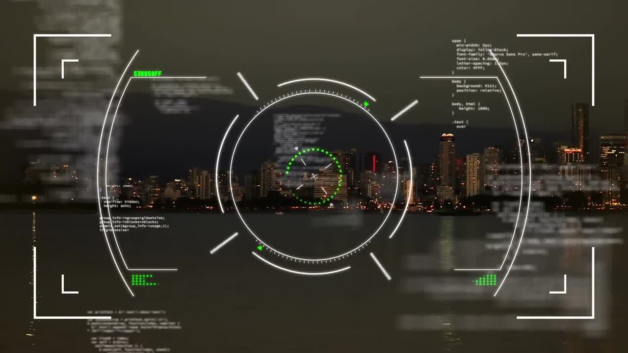 Animation of scope scanning over data processing against aerial view of cityscape and sea