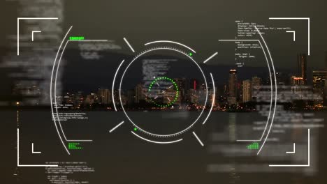 Animación-Del-Escaneo-Del-Alcance-Sobre-El-Procesamiento-De-Datos-Frente-A-La-Vista-Aérea-Del-Paisaje-Urbano-Y-El-Mar