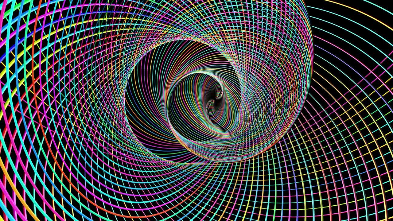 abstract geometric looped bg with rings form complex twisted spiral and light effects. Rings flash neon multicolor lights. Neon ring bulbs for show or events, festivals or concerts, vj night clubs.