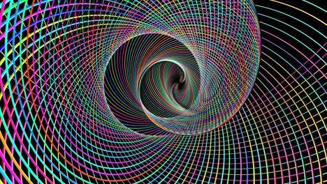 abstract geometric looped bg con anillos forman complejas espirales retorcidas y efectos de luz. los anillos parpadean luces de neón multicolor. bombillas de anillo de neón para espectáculos o eventos, festivales o conciertos, clubes nocturnos vj.