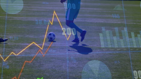 Soccer player controlling ball on field, with sports analytics line graphs and numeric overlays