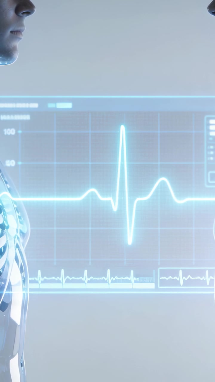 Video verticale: Mostra un androide sul lato sinistro che rivela componenti in laboratorio mentre appare un picco ECG olografico, con spazio per il testo.