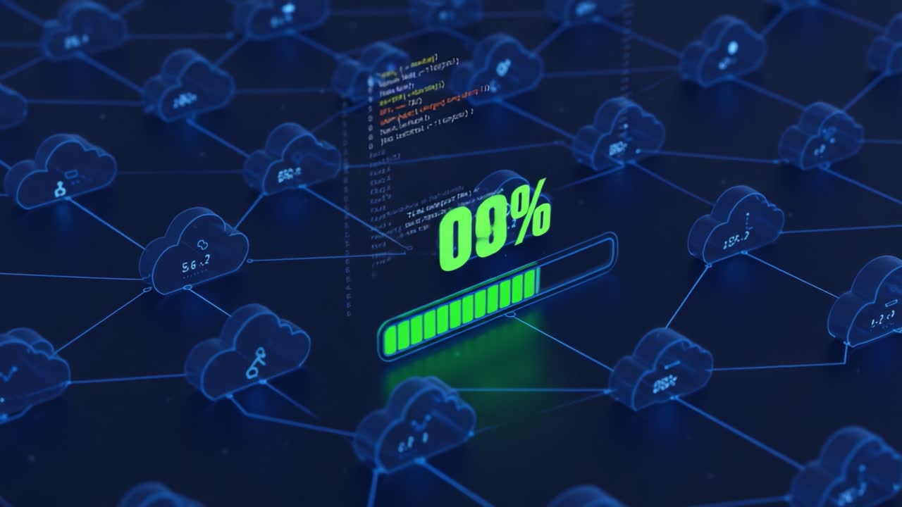 Visual Representation of Cloud Computing Progress: An Abstract Matrix of Digital Clouds with a Loading Indicator Signifying Data Processing in the Cloud Environment