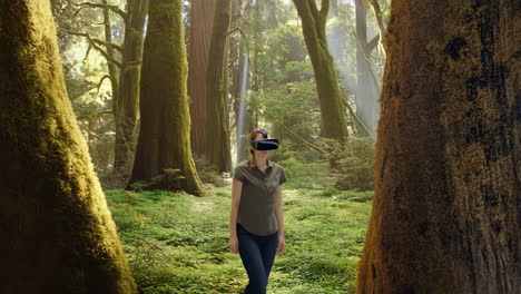 woman exploring a virtual forest with a vr headset