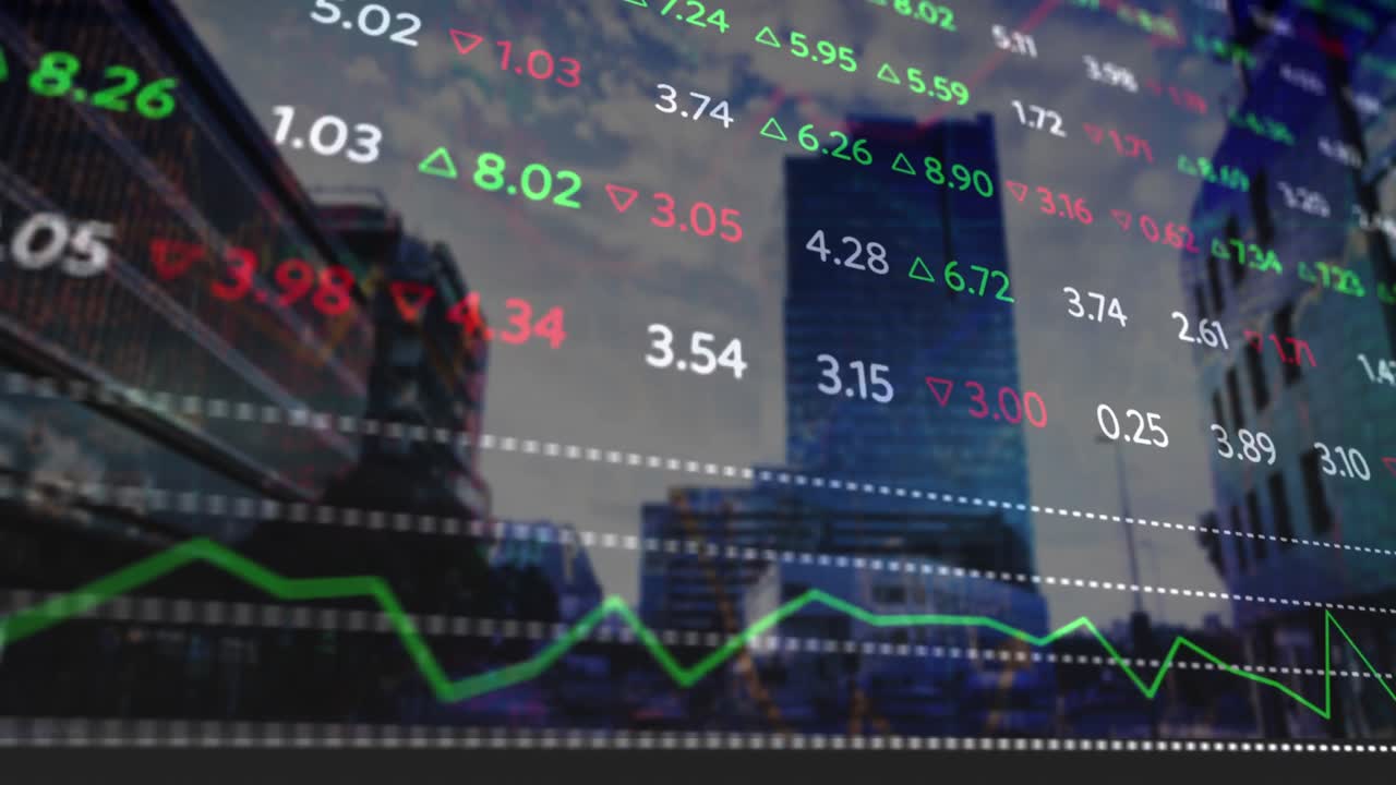 animación de estadísticas y procesamiento de datos financieros sobre el paisaje urbano