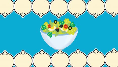 Animation-of-bowl-of-egg-salad-onions-and-rows-of-onions-moving-top-and-bottom-on-blue-background